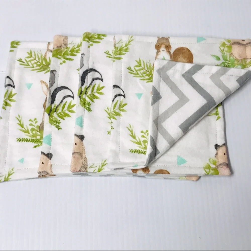 Reusable Set of Four 6” Woodland Animals Flannel Wash Cloths / Wipes / Nursery
